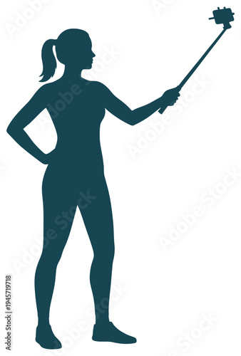 Selfie silhouette woman holding smartphone on stick taking photo standing pose
