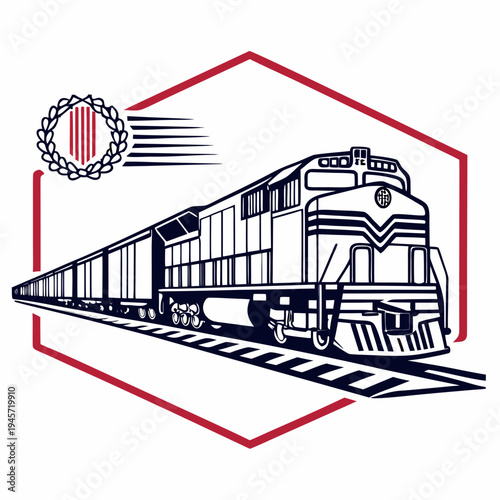 Locomotive train with railcars, stylized emblem design, design represents