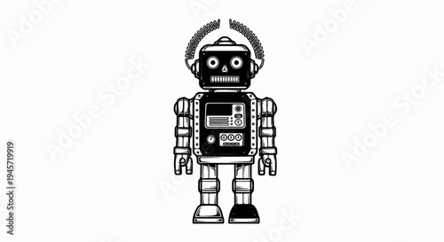 Vintage robot illustration with coiled antenna and control panel