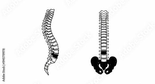 Two anatomical illustrations of the human spine, one curved, one straight with pelvis