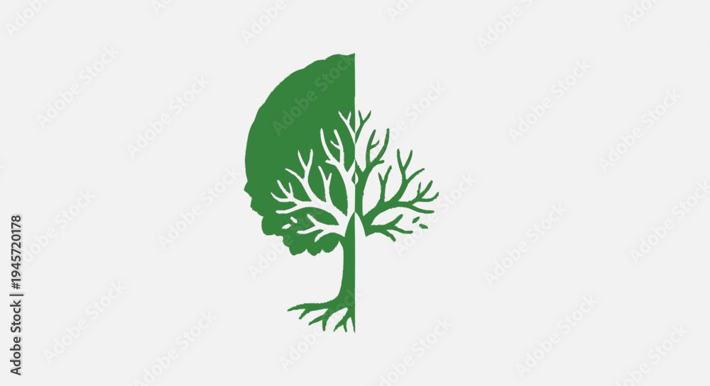 Obraz premium Green Tree Silhouette with Brain Illustration.