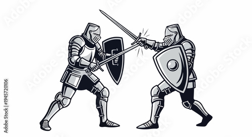 Two armored knights clash swords and shields in a stylized duel