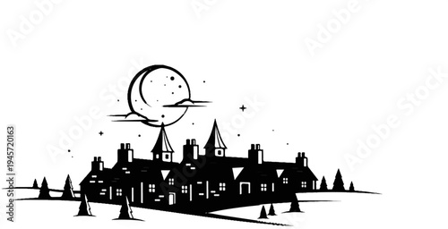 Stylized village under a moonlit sky with pointed roof houses