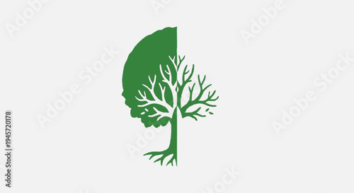 Green Tree Silhouette with Brain Illustration.