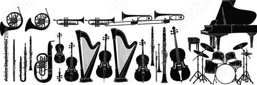 Musical instruments silhouettes collection with violin, harp, trumpet, trombone, piano, drum set and clarinet, orchestra music instruments vector illustration set
