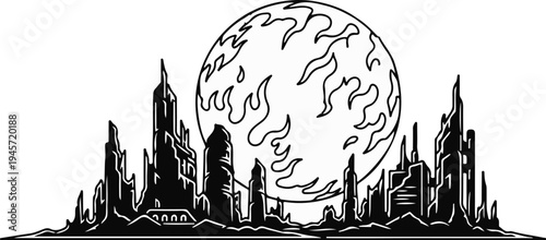 Stylized, stark black and white illustration of a futuristic cityscape under a fiery celestial body