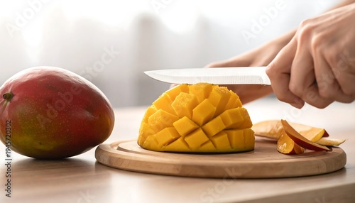 Close-up of a person cutting a ripe mango on a wooden board.