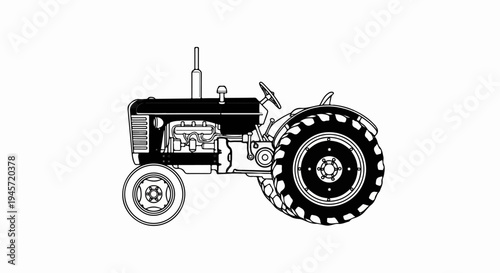 Vintage tractor, a classic agricultural vehicle illustration in black and white
