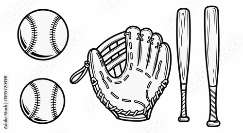 Two baseballs, a glove and two bats are shown in a black and white drawing