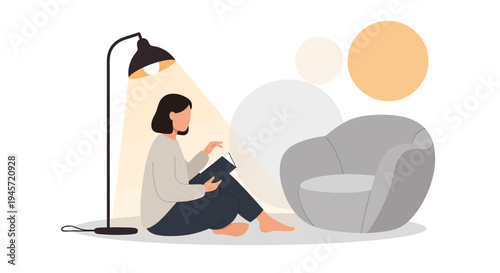 Cozy Woman Reading Book Under Floor Lamp Near Armchair, Relaxing Home Scene