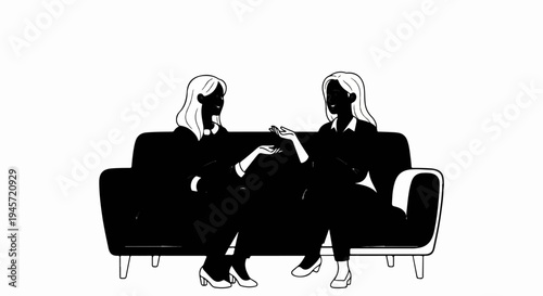 Two women in silhouette conversing while sitting on a couch