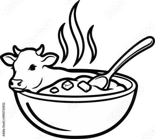 Whimsical cartoon cow head peeking from steaming bowl of food