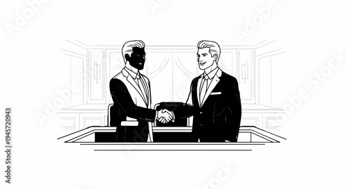 Two businessmen in suits shake hands across a desk in a formal setting