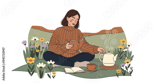 Cozy Woman Reading Book, Drinking Tea Outdoors in Flower Meadow