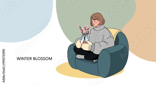Cozy Woman Relaxing With Winter Blossom Flowers in Vase at Home