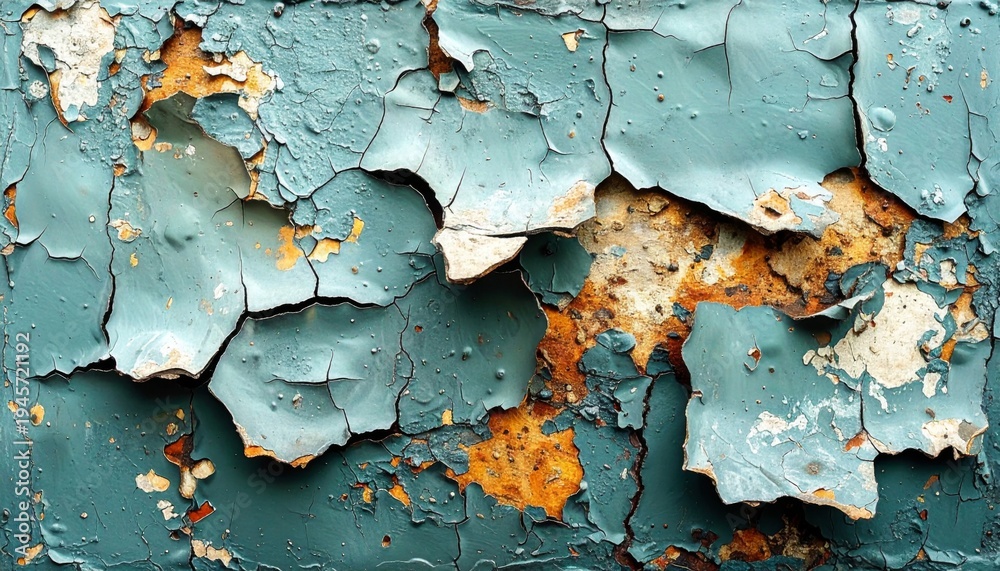 Fototapeta premium Closeup Teal Paint Peeling from Wall Revealing Rusty Texture Surface