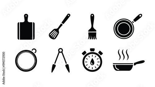 A set of eight minimalist line art icons depicting kitchen utensils and cooking tools on a white background