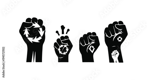 Four strong, stylized black fists illustrate different activism themes including recycling, labor rights, and protest symbols against a white field.