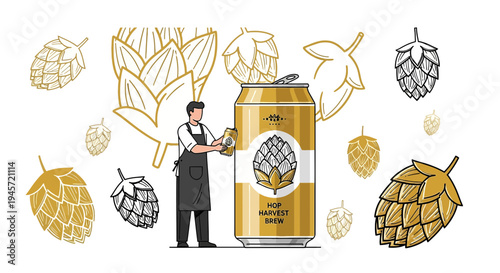 Craft Beer Brewing Concept: Brewer with Hops Can and Ingredients