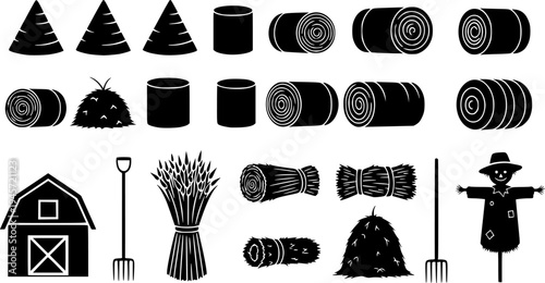 Solid black silhouettes of hay bales and farm harvest elements, minimalist rural agriculture and farming vector illustration isolated on white.