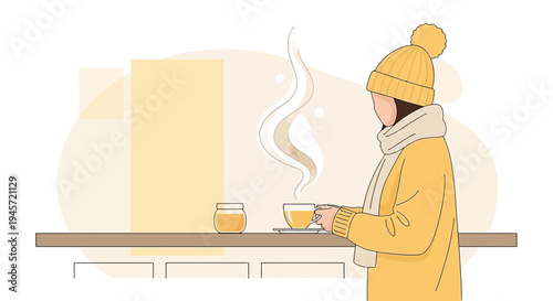 Cozy Winter Scene: Person in Yellow Hat and Scarf Enjoying Hot Drink