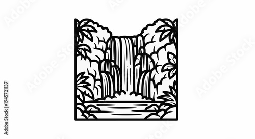 Stylized waterfall cascading into pool surrounded by tropical foliage