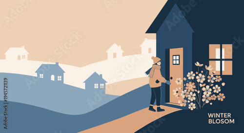 Cozy Winter Scene: Person Opening Door to Blooming Flowers in Snowy Village