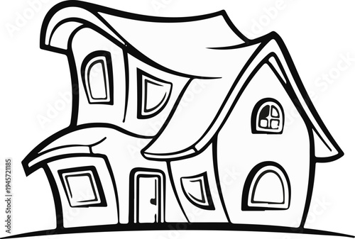 Whimsical, cartoonish house with rounded shapes and uneven rooflines