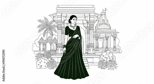 Woman in traditional Indian attire stands before ornate temple architecture with lush foliage