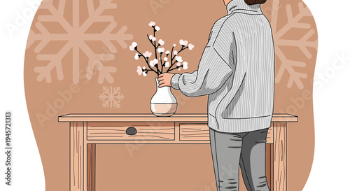Cozy Winter Scene: Woman Arranging Cotton Stems in Vase with Snowflakes