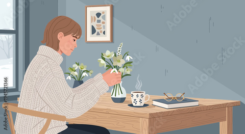 Cozy Winter Scene: Woman Arranging Snowdrops with Coffee and Book
