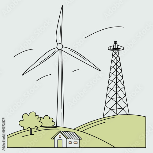 Wind turbine and power line on rural hillside with house