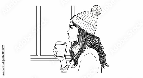 Woman in winter hat holding coffee cup by window