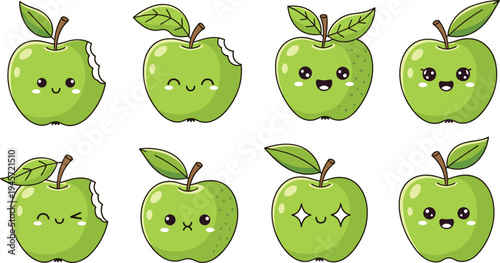 Cute green apple kawaii characters with different facial expressions and bite mark cartoon fruit set vector illustration