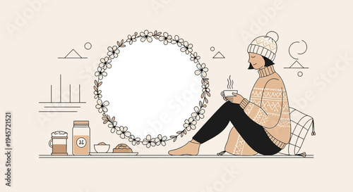 Cozy Winter Scene: Woman with Coffee, Floral Wreath, and Warm Drinks