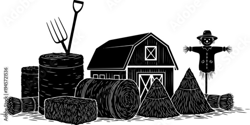 Solid black silhouettes of hay bales and farm harvest elements, minimalist rural agriculture and farming vector illustration isolated on white.