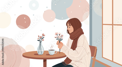 Cozy Winter Scene: Woman with Flowers and Coffee