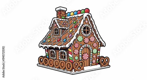 Whimsical gingerbread house adorned with candies and pretzels on a white background