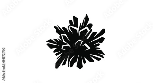 An intense cluster of sharp, crystalline structures rendered in solid black forms a jagged, star-like shape suggesting mineral growth or complex molecular bonding.