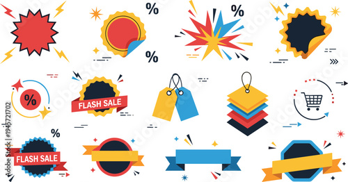 Flash sale badges discount tags explosion shapes percent symbols and promotional ribbons collection for ecommerce retail marketing vector illustration set