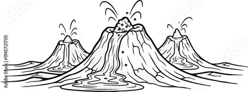 Three cartoon volcanoes erupting, with lava flowing down their slopes into water