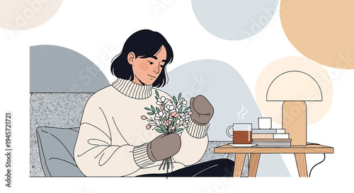 Cozy Woman Arranging Winter Flowers Indoors with Tea and Lamp