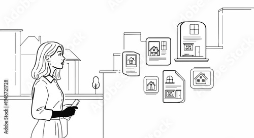 Woman looking at houses for sale displayed on a digital interface