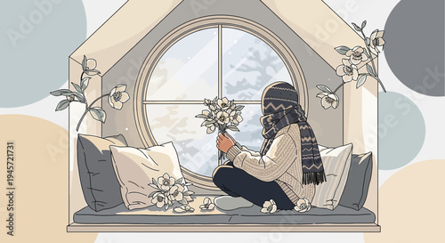 Cozy Winter Window Scene: Person with Flowers, Snowfall View