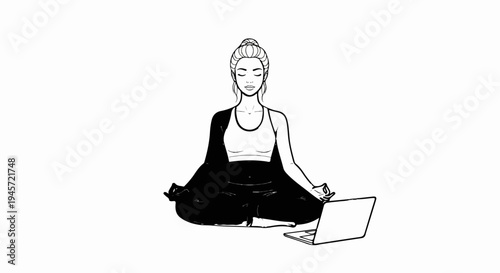 Woman meditating in lotus pose with laptop on floor
