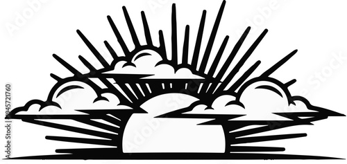 Stylized sunburst with clouds, creating a dramatic dawn or dusk atmosphere
