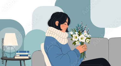 Cozy Woman Holding Winter Flowers Indoors, Minimalist Illustration