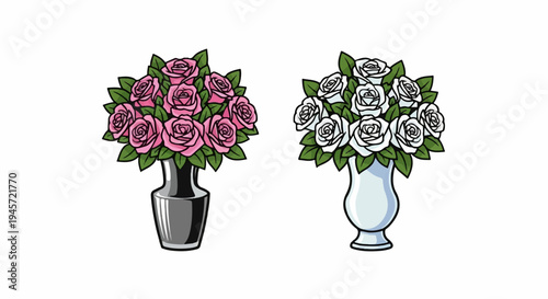 Two bouquets of roses, one pink and one white, in separate vases