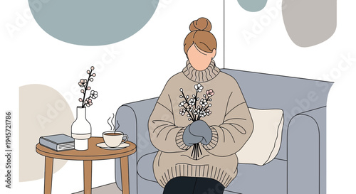 Cozy Woman Holding Flowers on Sofa, Minimalist Illustration