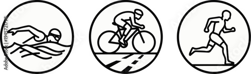 Three circles show line art of swimming, cycling, and running figures